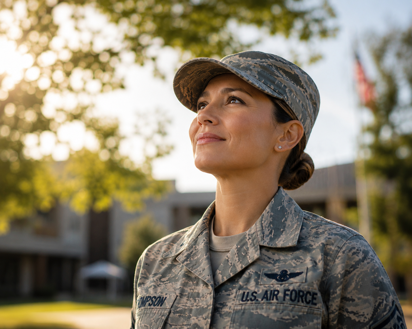 Confident Air Force woman in uniform standing outdoors in the sunlight, looking upward with calm confidence and renewed clarity.